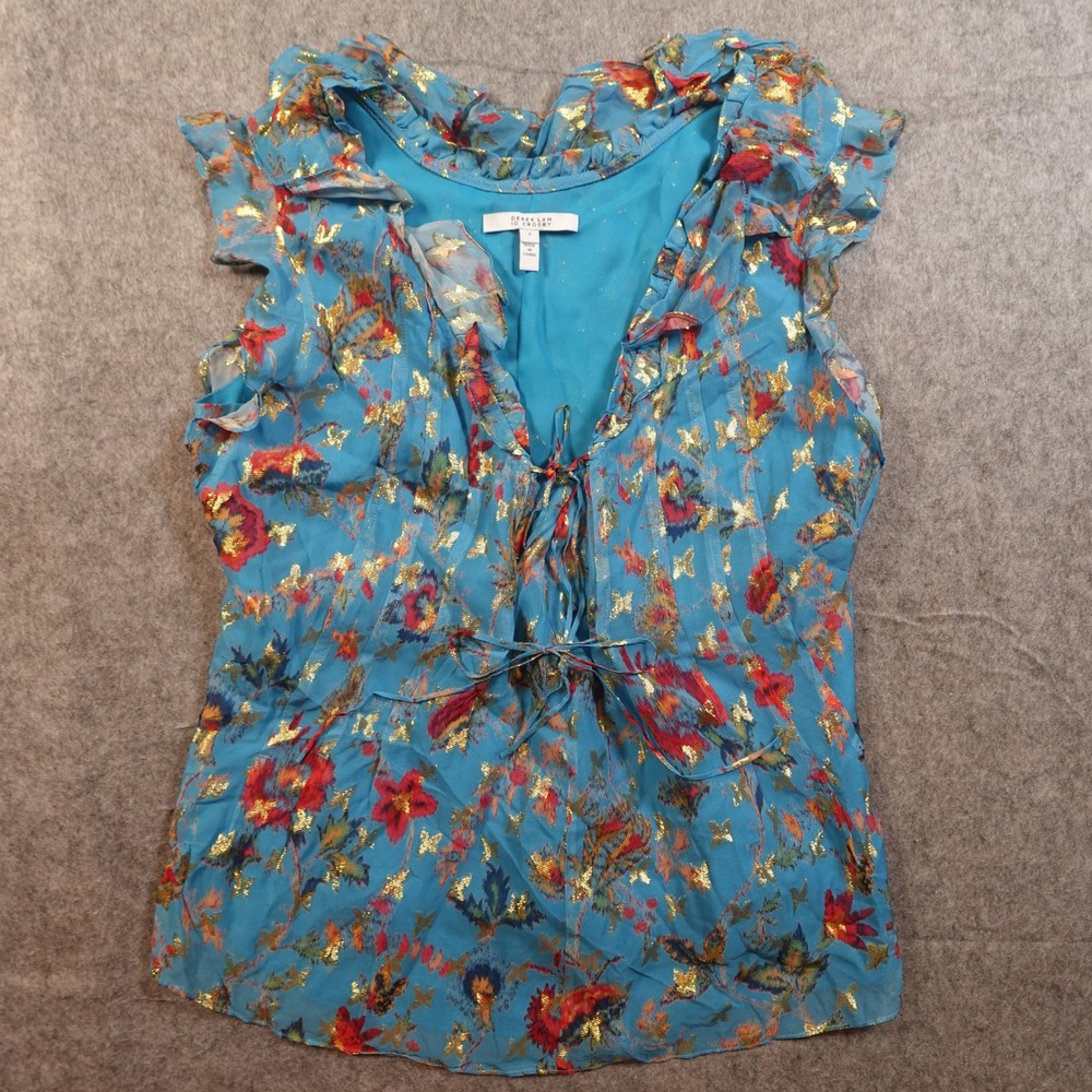 Derek Lam 10 Crosby 6 Blue Red Metallic Gold Floral Ruffle Cap Sleeve VNeckβ